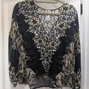 Free People Black and White Floral V-Neck Tunic